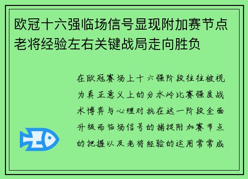 欧冠十六强临场信号显现附加赛节点老将经验左右关键战局走向胜负 欧冠十六强临场信号显现附加赛节点老将经验左右关键战局走向胜负