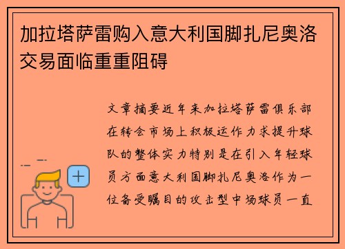 加拉塔萨雷购入意大利国脚扎尼奥洛交易面临重重阻碍