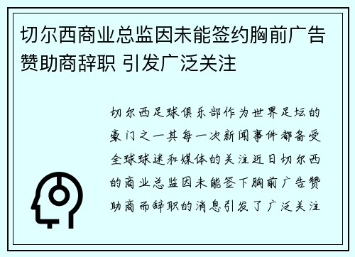 切尔西商业总监因未能签约胸前广告赞助商辞职 引发广泛关注 切尔西商业总监因未能签约胸前广告赞助商辞职 引发广泛关注